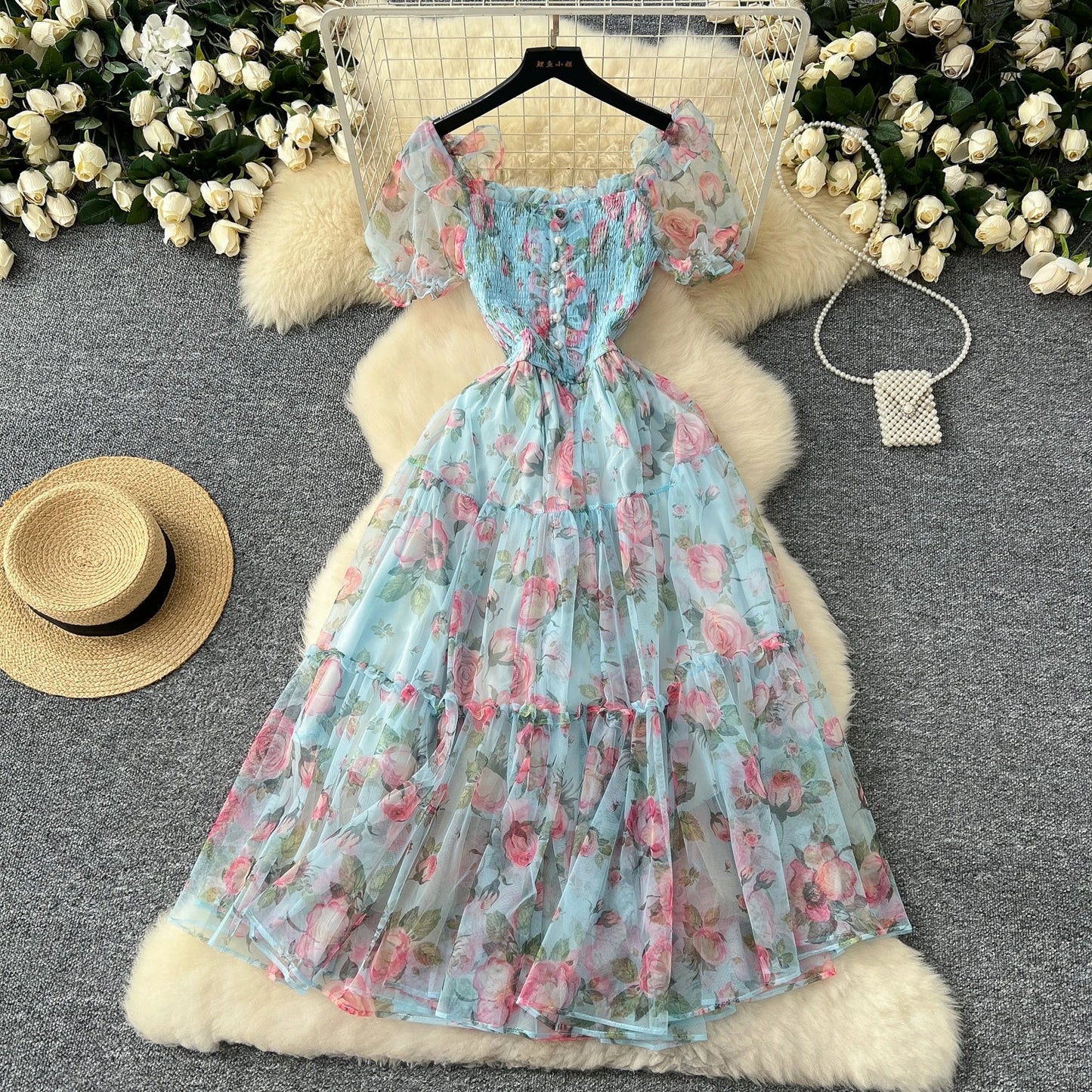 Retro Floral Chiffon Dr Women's Waist Cinched Bubble Sve Me Skirt Tea Break Gentle Soft Sle Korean High Waist A-Lin...