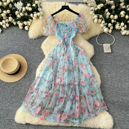Retro Floral Chiffon Dr Women's Waist Cinched Bubble Sve Me Skirt Tea Break Gentle Soft Sle Korean High Waist A-Lin...
