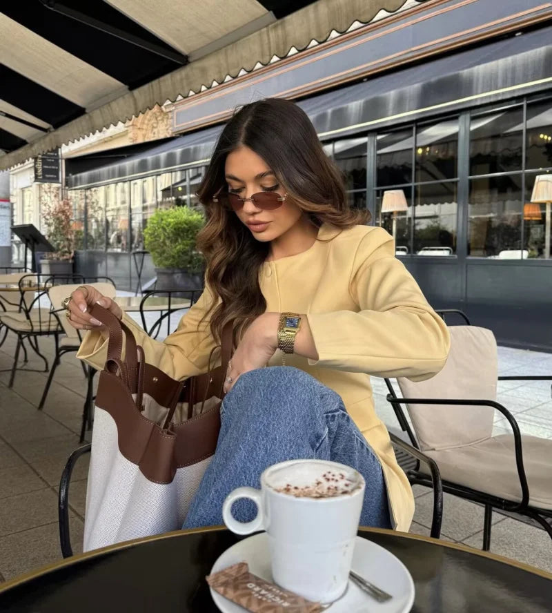 2025  women's new elegant fashion retro round neck cut waist slit long-sleeved casual suit jacket