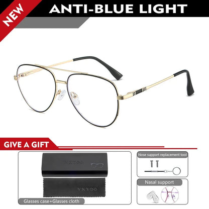 Double Bridge Anti-Blue Light Reading Glasses Men's Metal Pilot Style Leisure Travel Customized Prescription Myopia RS6912