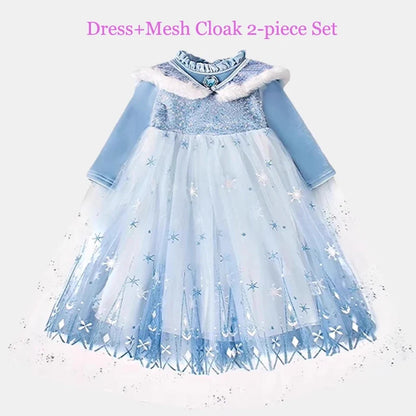 Girls' Spring 2026 New Velvet Elsa Frozen Princess Dress Kids Blue Cape 2 Piece Set Warm Dresses For Girl Party 3-9 Years Old ﻿