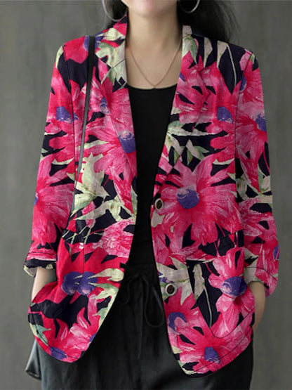 Women Lapel Neck Long Sleeve Blazer Autumn Vintage Casual Solid Cotton Blazer Elegant Cardigan Thin Coats Work Suits