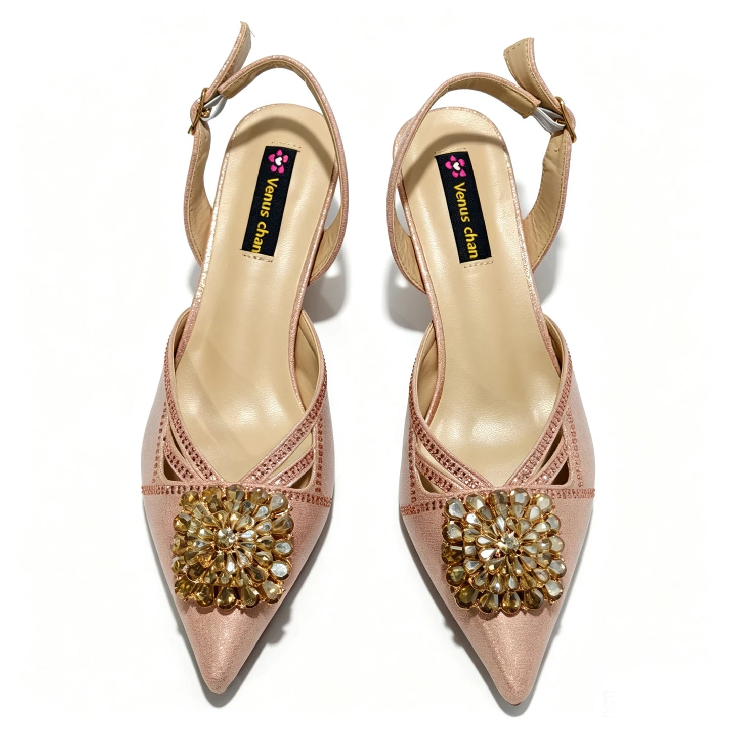 2026 Italian Peach Gold Rhinestone HAND CRAFTED UPPER Pointed Toe Women High Heels Shoes and Bag Set Elegant Party Shoes