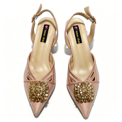 2026 Italian Peach Gold Rhinestone HAND CRAFTED UPPER Pointed Toe Women High Heels Shoes and Bag Set Elegant Party Shoes