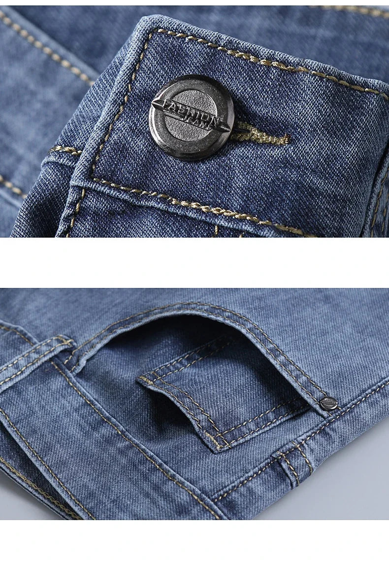 Summer New Elastic Men's Jeans Fashion Comfortable Business Straight Stretch Cotton Casual Denim Pants Brand Male Thin Trousers