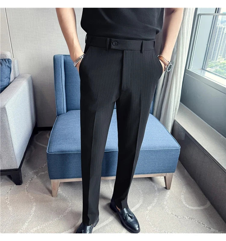 Autumn Winter Thick Suit Pants Men Elastic Waist Business Classic Straight Striped Formal Pants High Quality Slim Fit Trousers