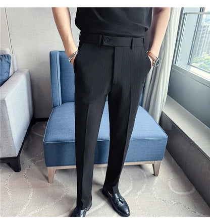 Autumn Winter Thick Suit Pants Men Elastic Waist Business Classic Straight Striped Formal Pants High Quality Slim Fit Trousers