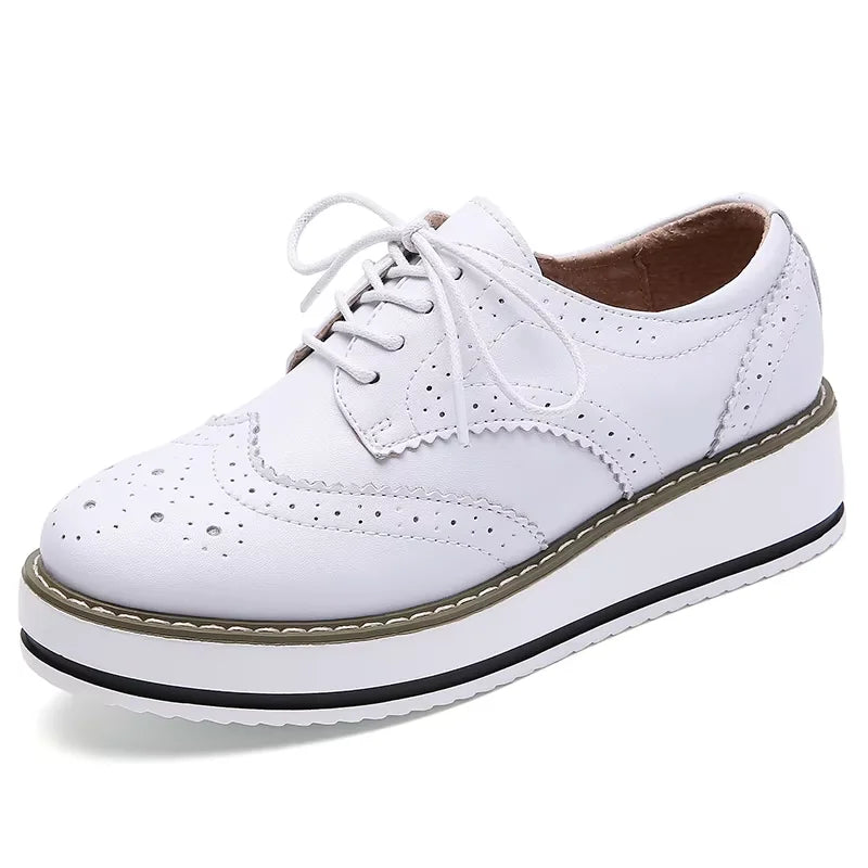 Women's Oxford Flats - Genuine Leather Wingtips Lace-Up Comfort Brogue Derby Patent Platform Casual Shoes for Spring Autumn