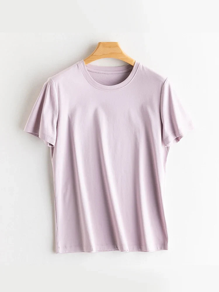 Women Solid T shirts, Silk Cotton Blend, O Neck, Short Sleeved Solid Tee,2025 Summer Candy Colors Basic Cozy Top Green