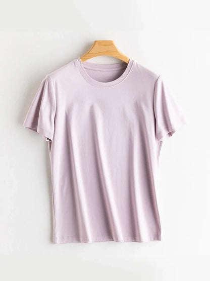 Women Solid T shirts, Silk Cotton Blend, O Neck, Short Sleeved Solid Tee,2025 Summer Candy Colors Basic Cozy Top Green
