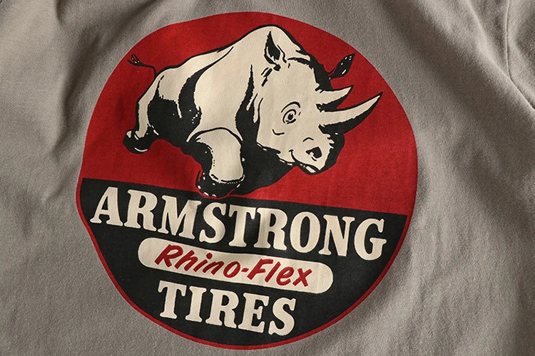 Summer New American Retro Short-sleeved O-neck Rhino Printed T-shirt Men's Fashion Simple 100% Cotton Washed Casual Sport Tops