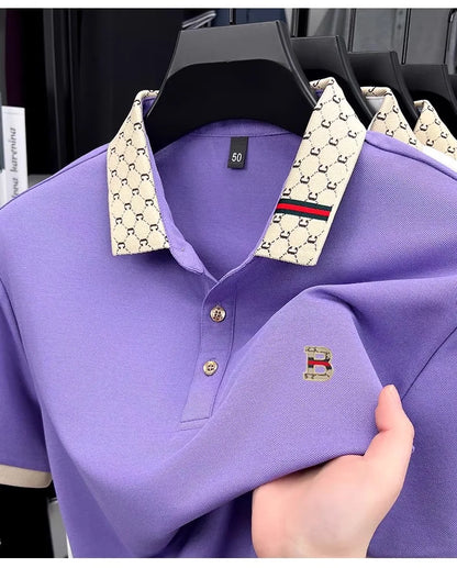 Luxury brand B letter embossed short sleeve polo shirt men summer lightweight breathable new fashion color blocked lapel T-shirt