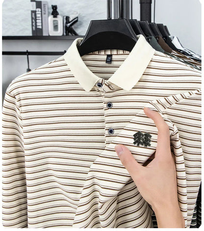 Men's Striped Long Sleeved T-shirt Polo Shirt Button Up Men's Stand Up Collar, Winter Double-sided German Velvet Base Shirt