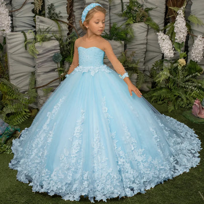 Customized Flower Girl Dress Light Champagne Pearls Floral Appliques Long Sleeve For Wedding Birthday Prom Holy Communion Gown