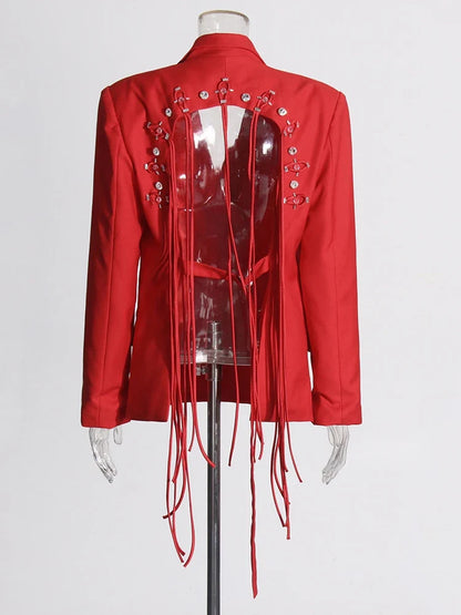 Patchwork Diamonds Backless Blazer For Women Notched Collar Long Sleeve Spliced Button Chic Blazers Female Style