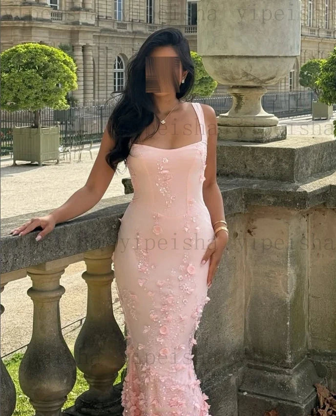 Customized square collar mermaid Evening Dresses spaghetti strap Party Dress 3D Flowers Sequined Lace Appliques Long Prom Gown