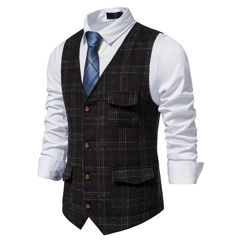 Man Waistcoat British Style Plaid Single-breasted Men Suit Vest Retro Slim V-neck Sleeveless Pocket Male Casual Vest