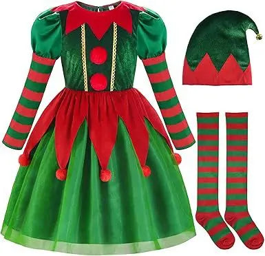 Boys Girls Elf Party Christmas Cosplay Costumes Elf Ear Role Play Set Xmas Hat Dress and Shoes Covers Stockings Kids Suit
