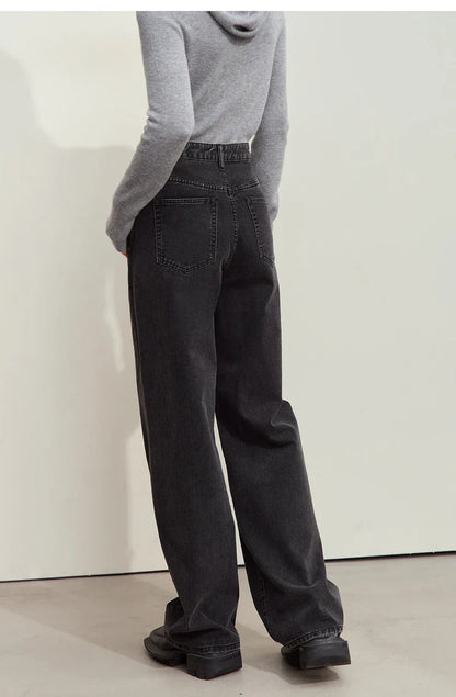 Minimalism Women's Jeans 2024 Autumn New Casual Cotton Denim Pants Retro Trendy Loose Straight Wide-leg Trousers 12443249