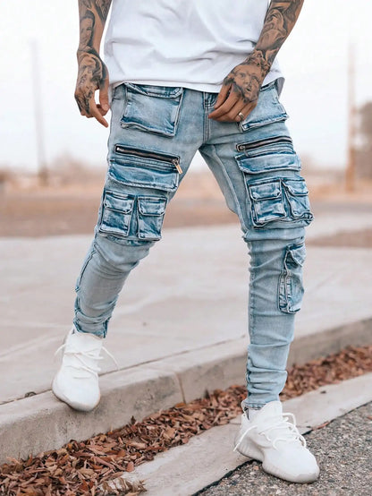 Men’s streetwear, multi pocket vehicle, snug, stretchy, light-colored jeans.