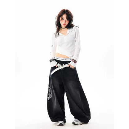 Women Vintage Embroidery Y2K Baggy Jeans Female High Waist 2000s Wide Leg Denim Pants American Retro Harajuku Trouser