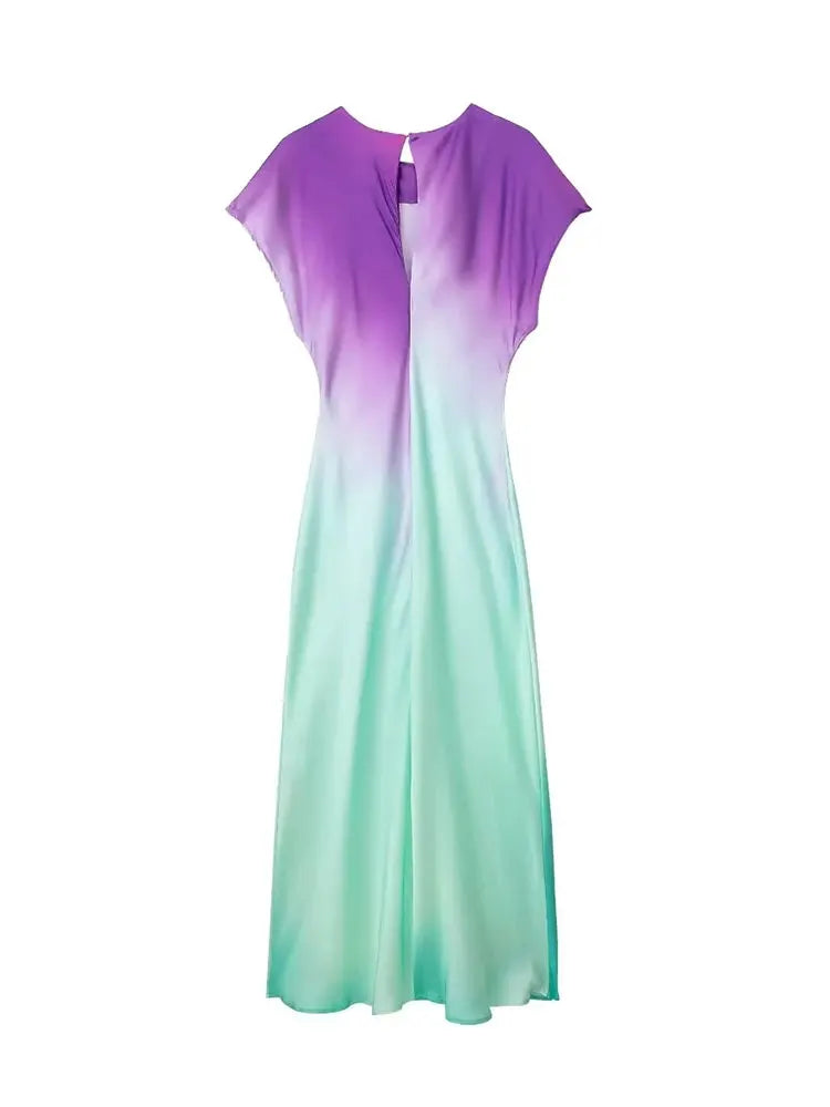 Women's Fashion Print Short Sleeve Dress Vintage Tie Dye O-Neck Midi Dresses Spring