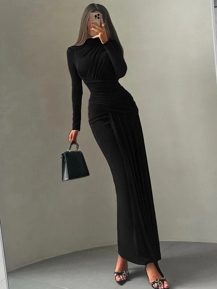 Folds Maxi Dress Women O-Neck Full Sleeve Solid Banquet Elegant Vacation Fashion Autumn Skinny Casual Simple Vestido