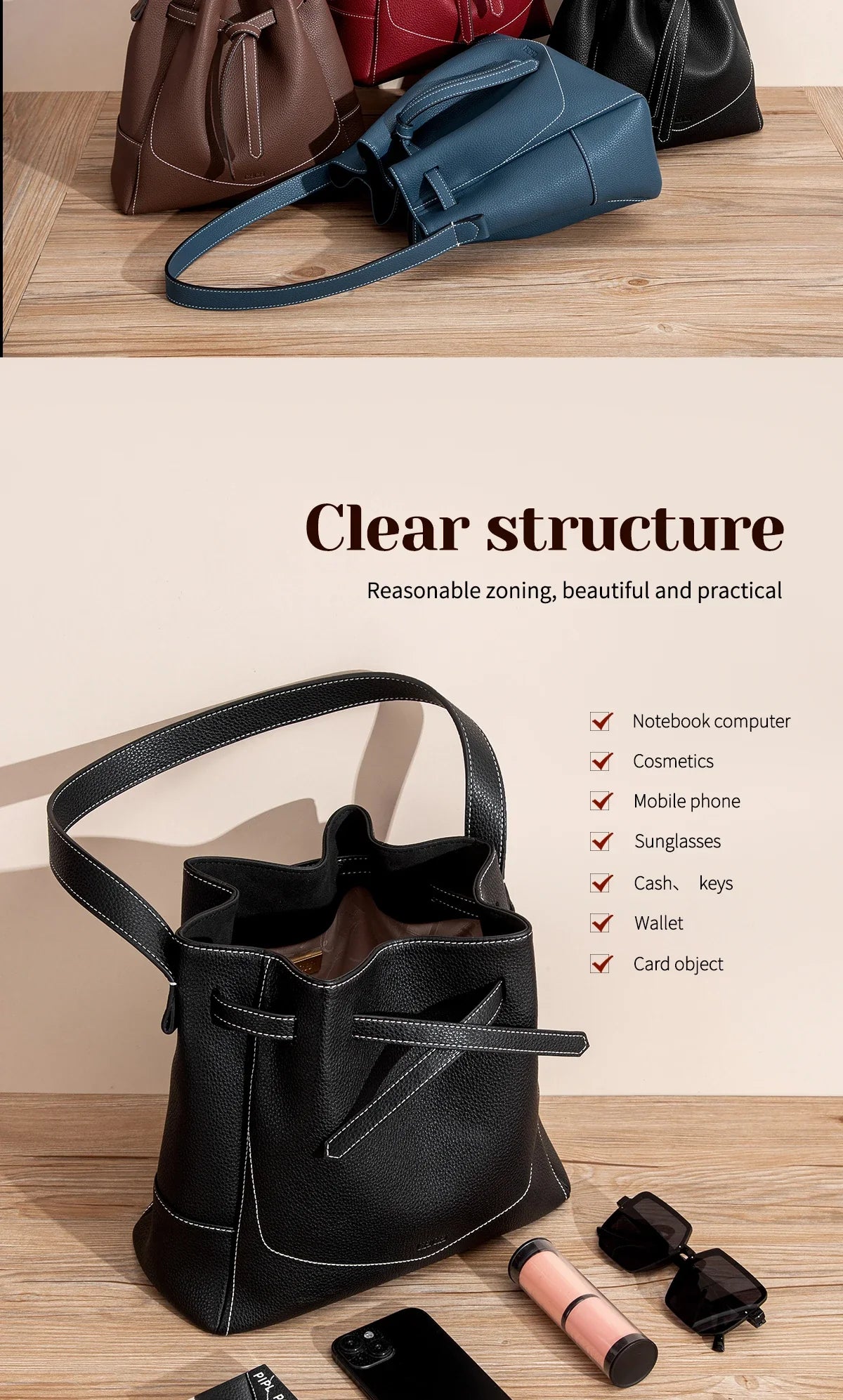 Women's Drawstring Bag Spring Simple Black Casual Women's Bag Mommy Shopping Bag