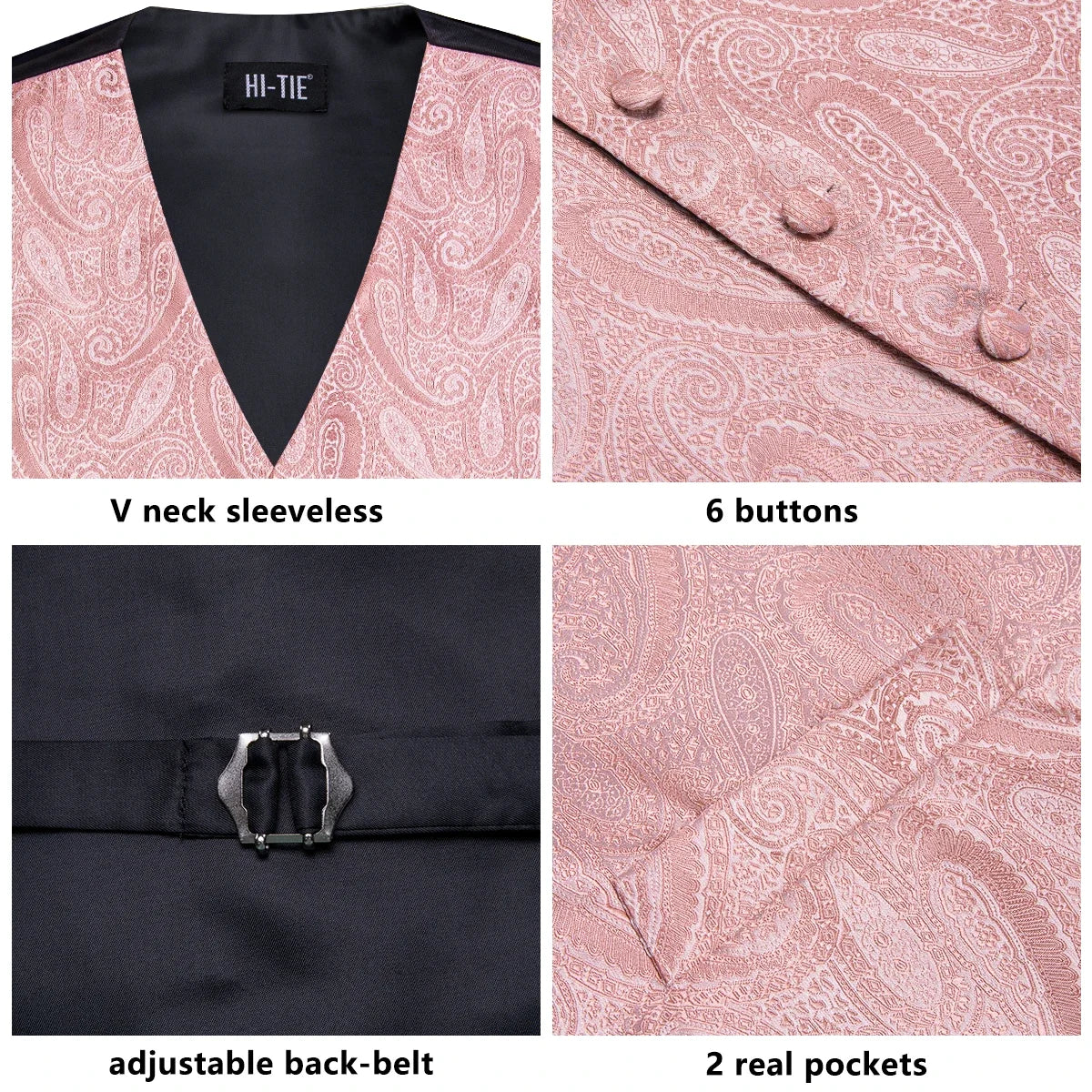 Wedding Coral Pink Mens Vest Silk Tie Set Adjustable Jacquard Waistcoat Jacket Necktie Hanky Cufflinks Formal Party Gifts