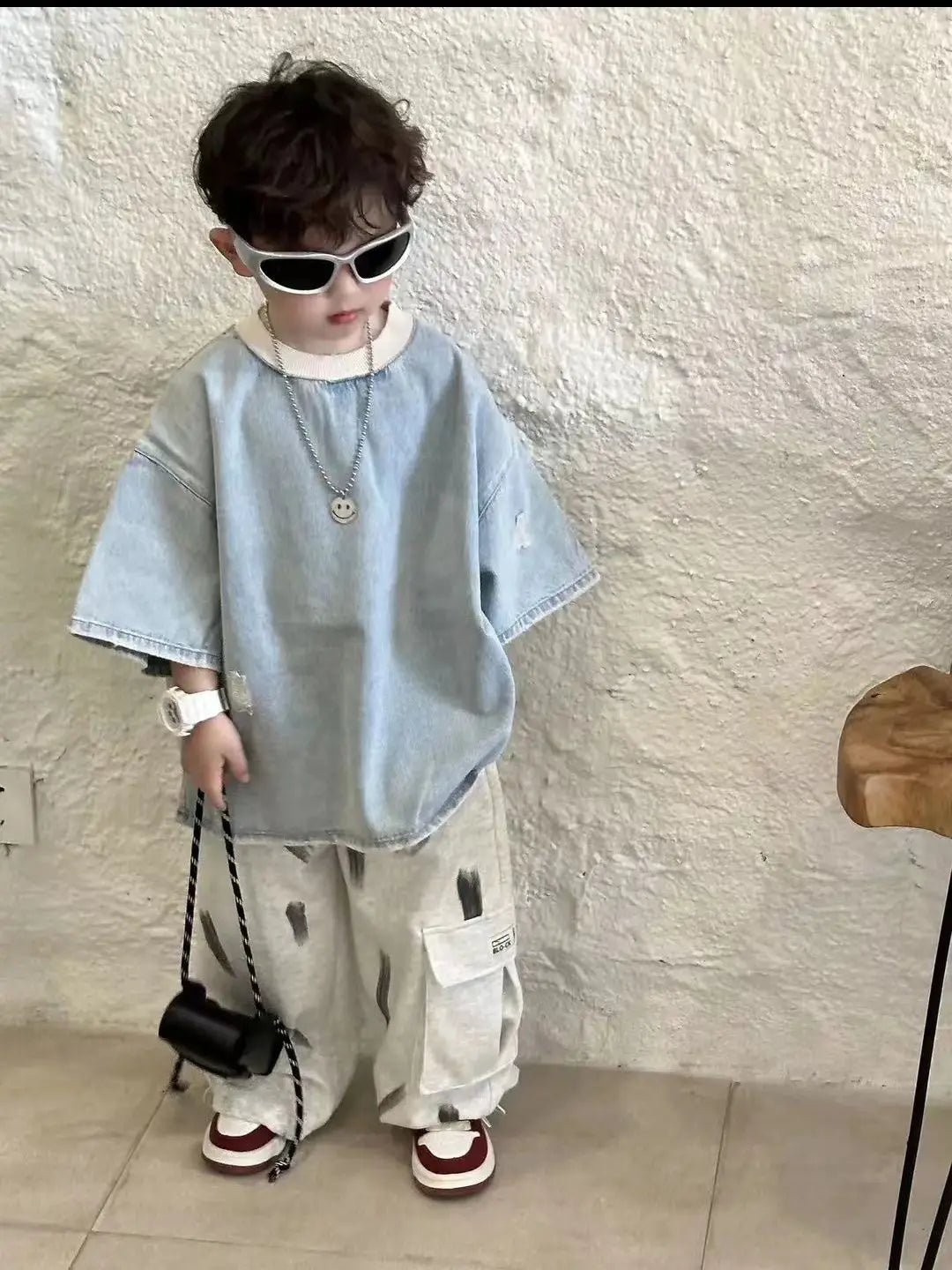 Spring Summer Children's Korean Denim Hole Short Sleeved Top and Beige Knitted Loose Casual Sports Pants Two-piece Set Outfits