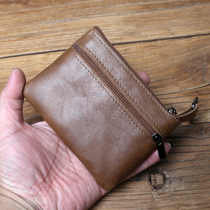 Vintage Genuine Leather Men's Zero Wallet Natural Cowhide Zipper Key Bag Women's Bank Card Bag Mini Coin Bag  Card Holder