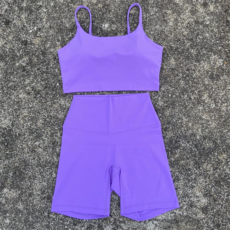 2 Piece Yoga Shorts Set Gym Sports Set Women Workout Clothes Fitness Suit Thin Strap Bra Top High Waist Shorts Running Tracksuit