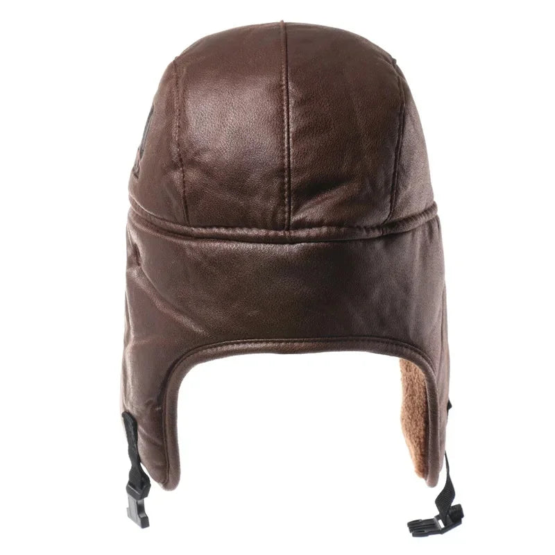 Men Winter Bomber Hat With Goggles Outdoor Motorcycle Windproof Warm Faux Fur Pilot Earflap Hat Leather Thermal Ushanka