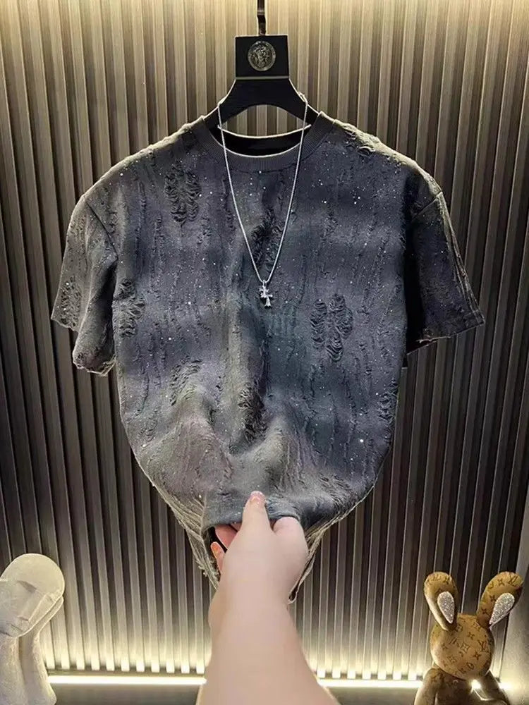 2025 Hot New Summer Men's Short-sleeved Trendy Luxury Distressed Round-neck Half-sleeve T-shirt Top