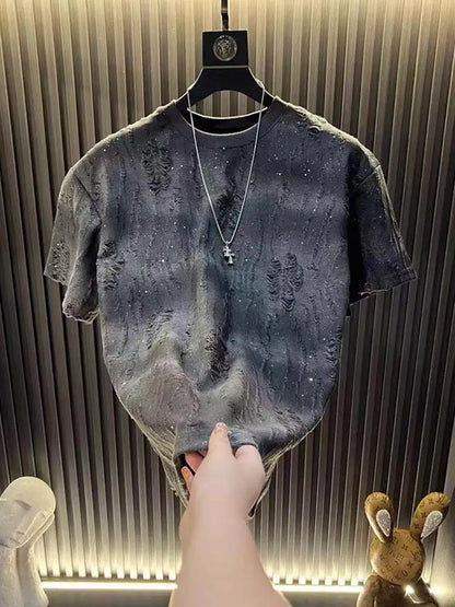2025 Hot New Summer Men's Short-sleeved Trendy Luxury Distressed Round-neck Half-sleeve T-shirt Top