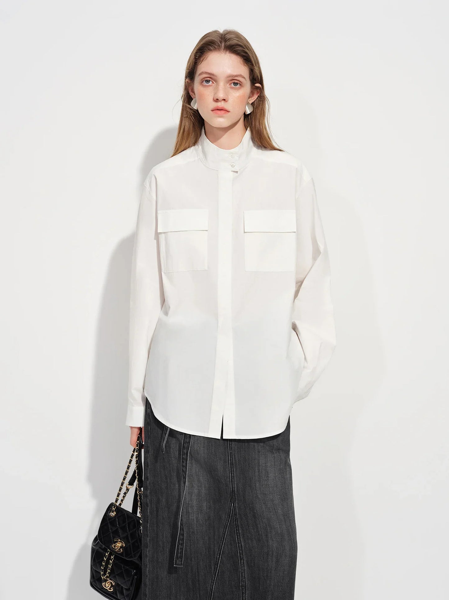 2026 Spring Women's Relaxed Fit Stand Collar Shirt Soft Touch Oversized Blouse White Blue Healing Commute Minimalist Style