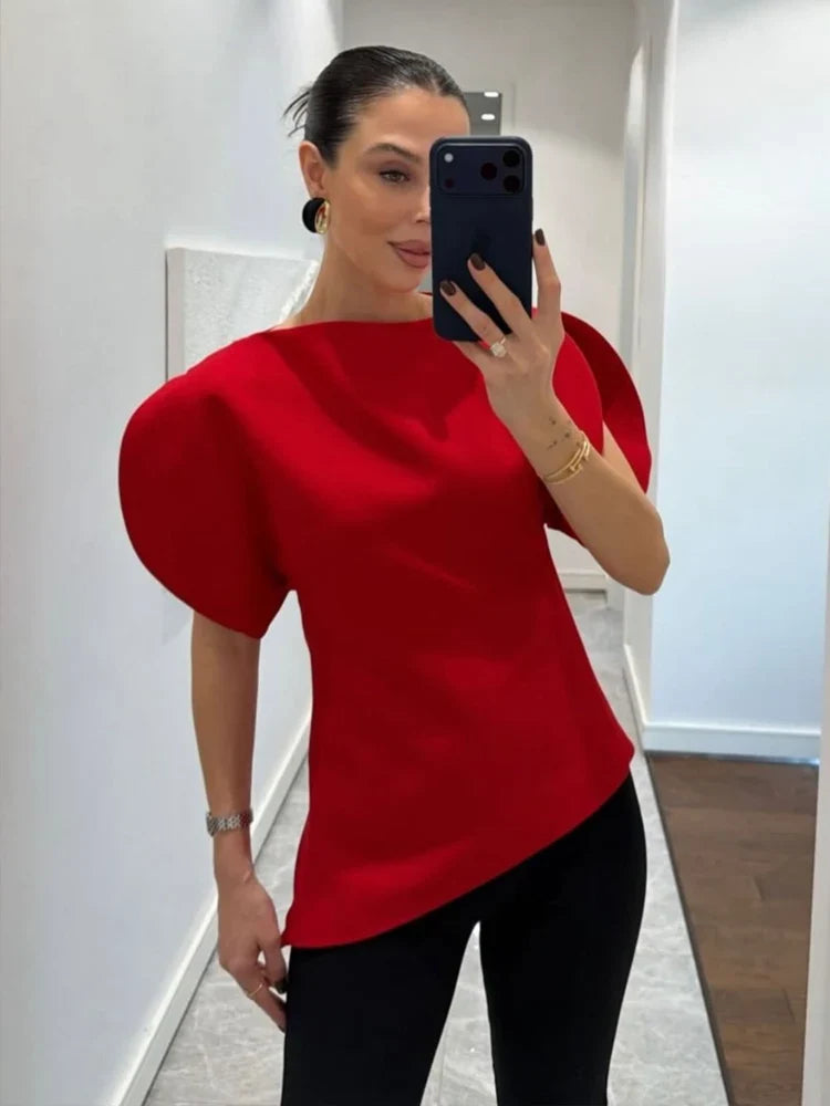 Spring Summer Women Casual Asymmetrical T-Shirts Fashion Solid Female O-Neck Short Puff Sleeve Blouse Lady Office Chic Tops