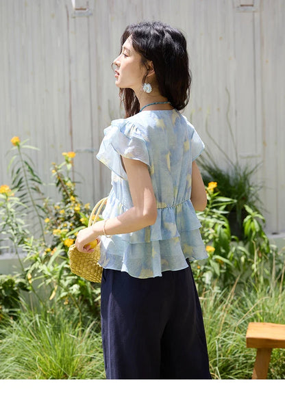 Blue Double-layer Ruffled Linen V-neck Blouse for Women Summer 2025 Slim Flying Sleeve Breathable Lace-up Tops MXE33X1819