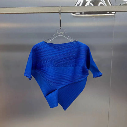 Vibrant Cyan Blue Miyake Pleated Asymmetric Short Sleeve Top, Irregular Hem Women's Casual All Match Modern Stylish Blouse