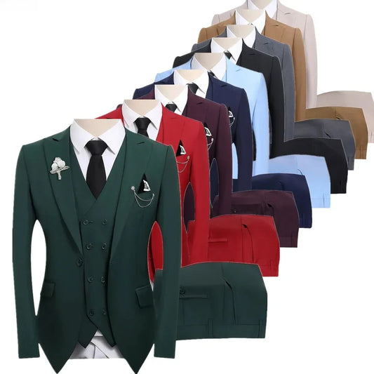 2026 men's dark green three piece suit, (Chinese size) slim fit jacket with vest and pants, wedding party set.