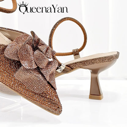 2025 Large Flower Design Shoes & Bag Nigerian Coffee Color Women's Stiletto Shoes For Special Good Time INS Style