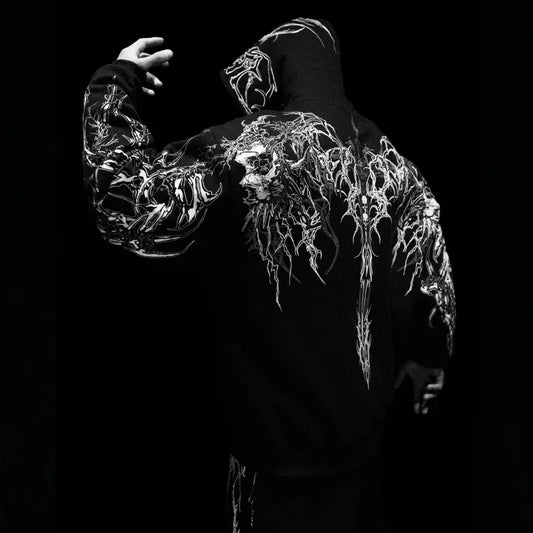 2025New American Style Men's Hooded Sweatshirt Trendy Brand Dark Style Sports Fitness High Street Autumn Winter Men's Sweatshirt