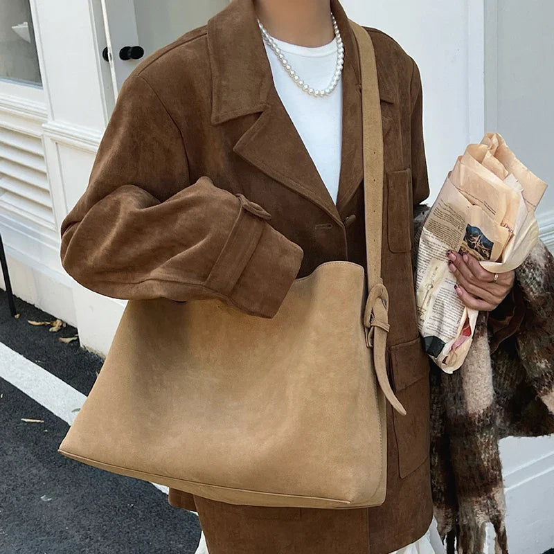 Luxury Genuine Leather Women Bags 2025 Spring Cow Suede Shoulder Bags Women Retro Gold Buckle Large Capacity Totes Lady Handbags