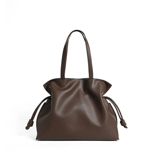 2025 High-End Women's Bucket Bag Lady Unique Drawstring Pleated Shoulder Bag Soft Split Cowhide Leather Cloud Tote Handbag New