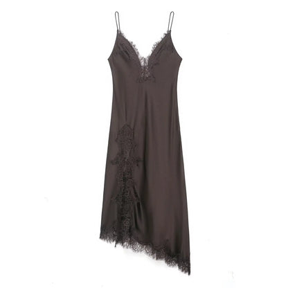 Women Fashion Lace Splicing Satin Texture Long Dress Sexy Backless Sleeveless Dresses Summer Lady Trend Party Evening Dress