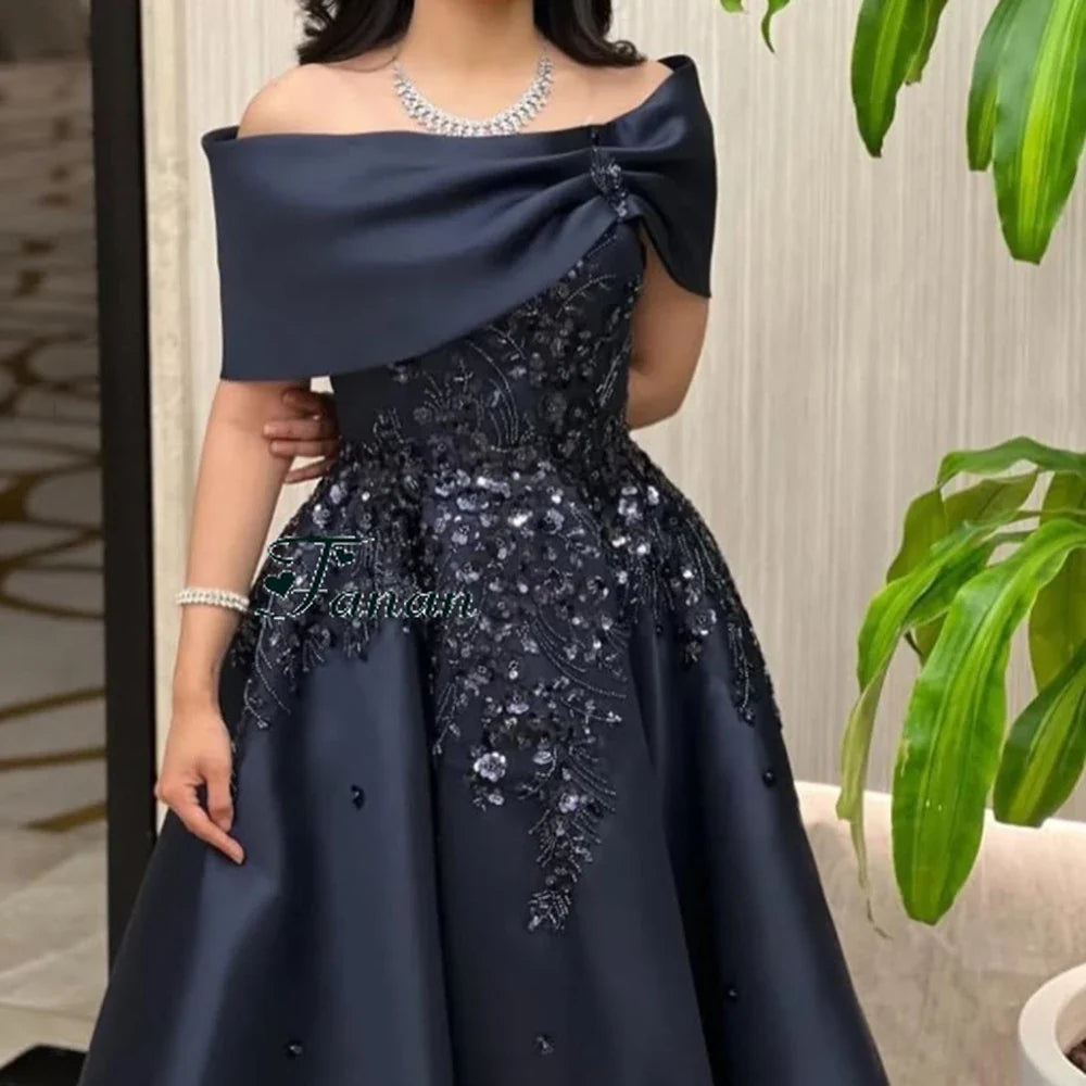 Customized Navy Blue A-line Flower Appliques Satin Evening Dress Draped Off the Shoulder Sleeveless Ankle Length Party Prom Gown