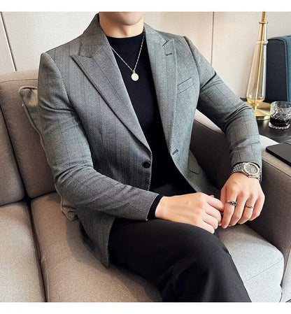 Men's Herringbone Stripe Suit Blazer Classic Lapel Dress Jacket Elegant Slim Fit Fashion Simple Casual Business Prom Suit Jacket