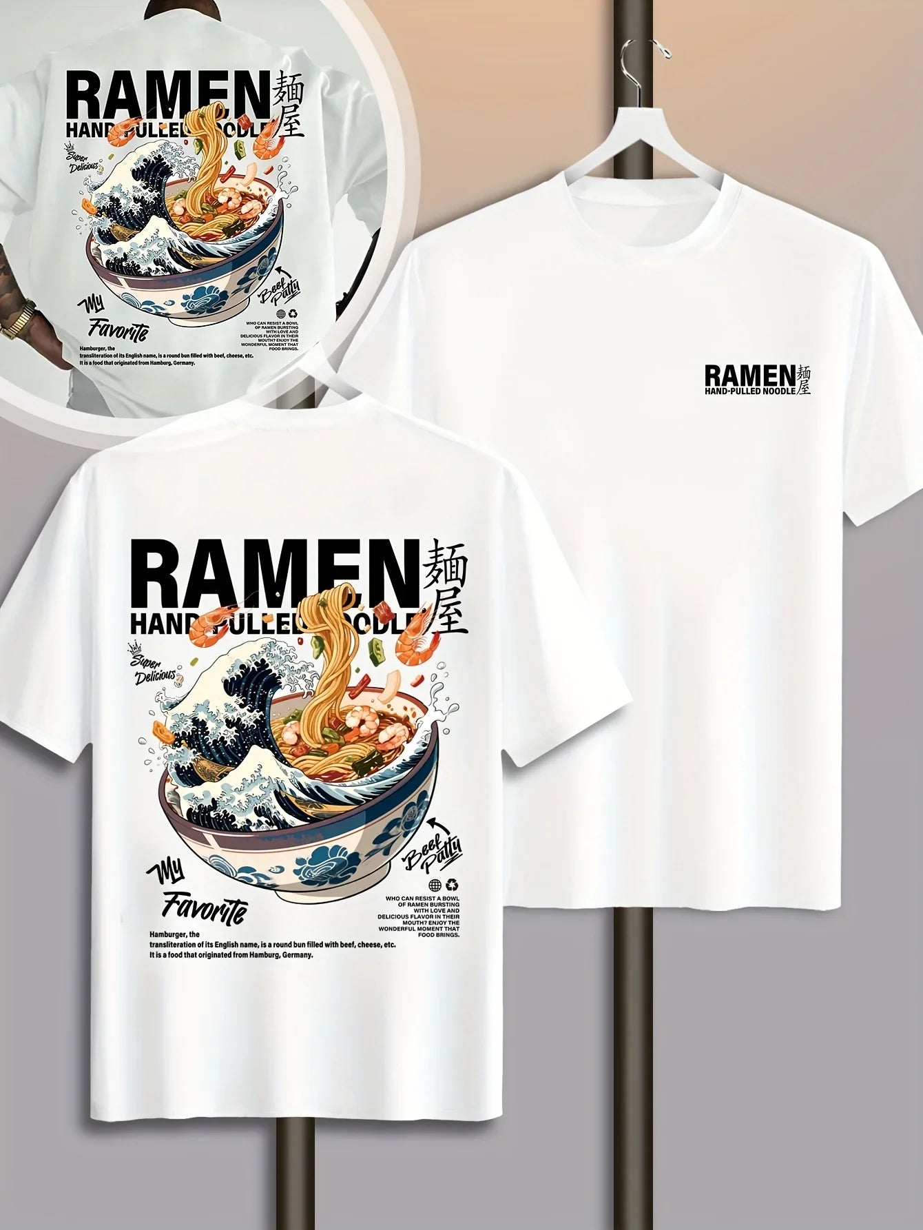 Men New Summer Casual Street Style T-shirt Japanese Waves Ramen Pattern Suitable for Daily Wear 100% Pure Cotton Soft Material