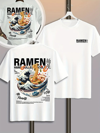 Men New Summer Casual Street Style T-shirt Japanese Waves Ramen Pattern Suitable for Daily Wear 100% Pure Cotton Soft Material