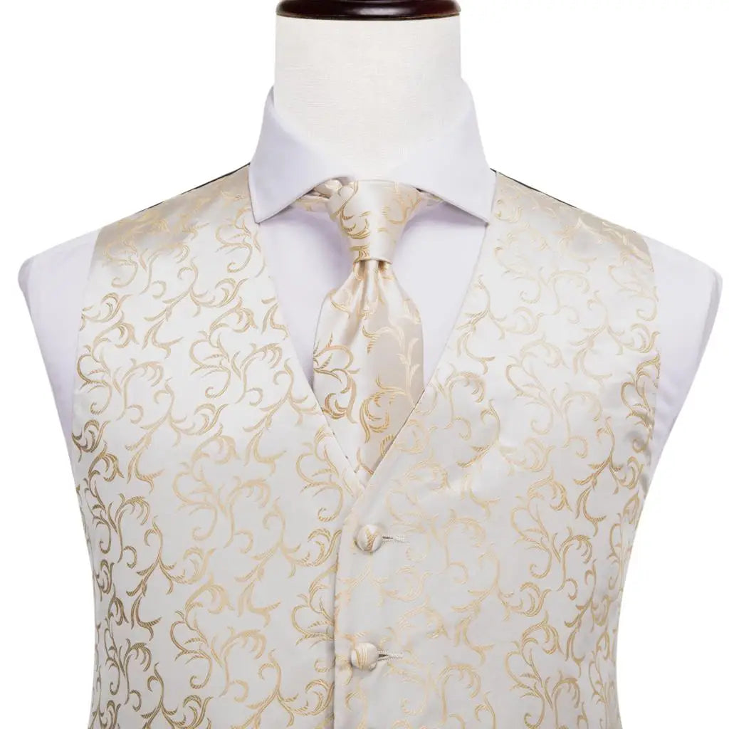 Ivory Beige Champagne Gold Mens Vests Tie Hankerchief Cufflinks Set Jacquard Vine Waistcoat for Men Suit Dress